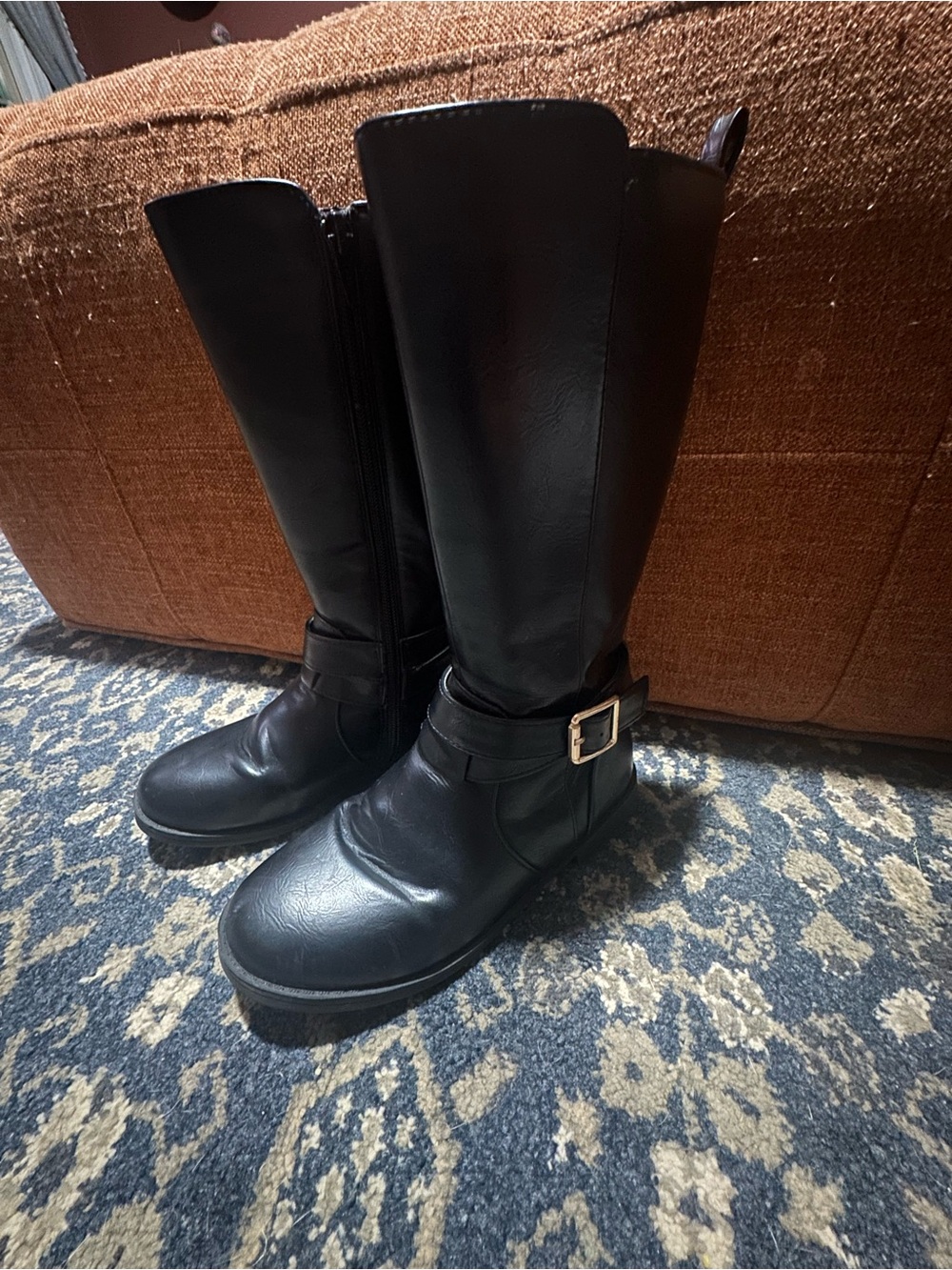 Classic Black Women's Tall Leather Boots with Buckle - Sz 13